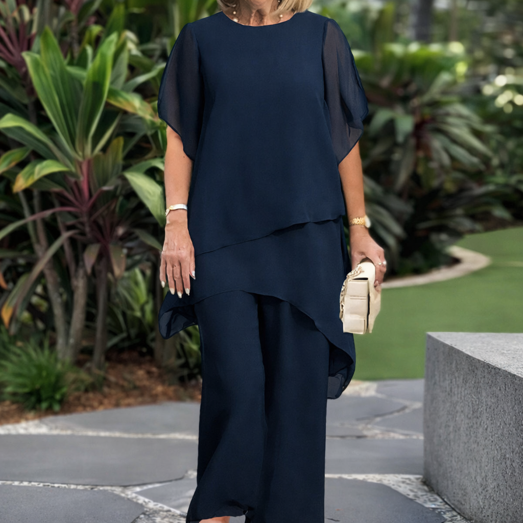 Conjunto Elegante de Dos Piezas – Top Asimétrico y Pantalón Fluido