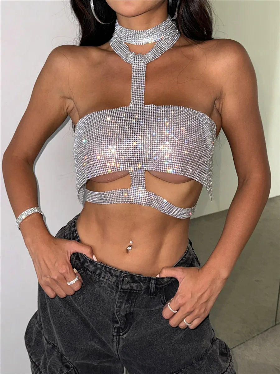 Samira - Top de metal con diamantes de imitación