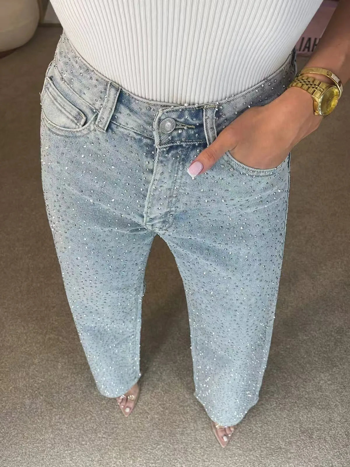 Lisa - Vaqueros de denim con pedrería para mujer