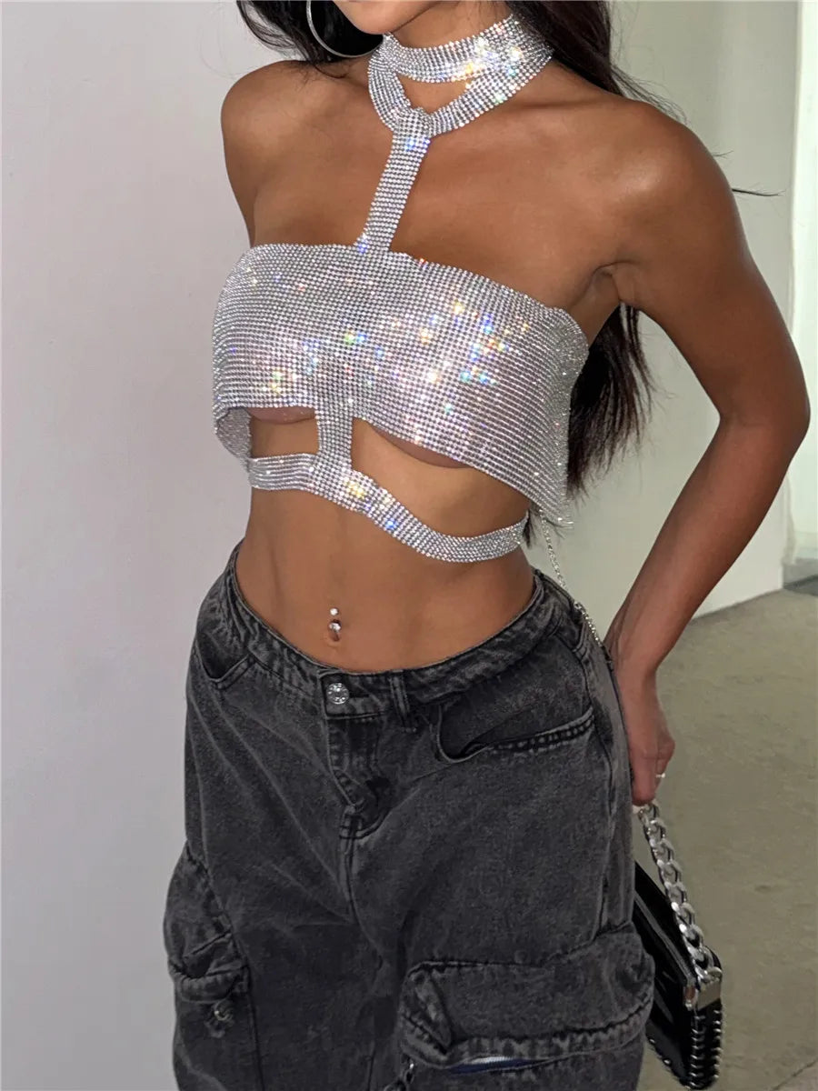 Samira - Top de metal con diamantes de imitación