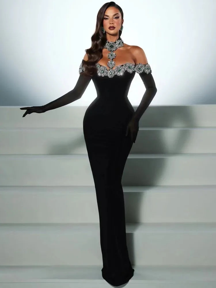 Kardashian - Vestido largo negro crystal